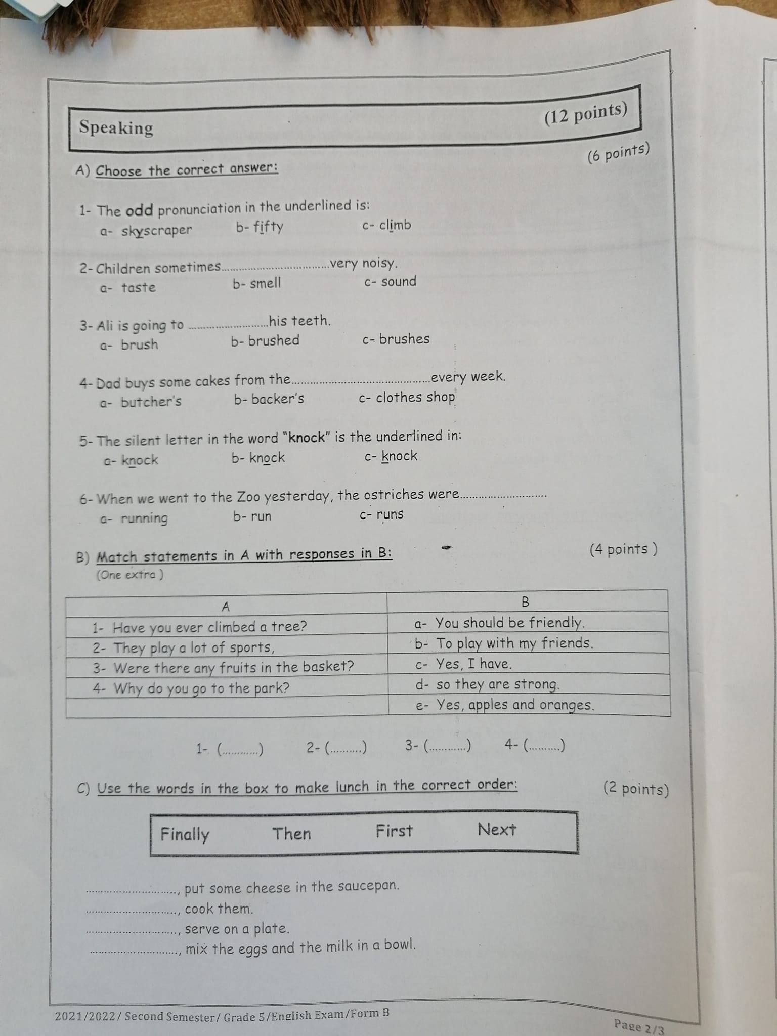 NDMwOTA1MQ30302 بالصور امتحان اللغة الانجليزية النهائي للصف الخامس الفصل الثاني 2022 نموذج B وكالة